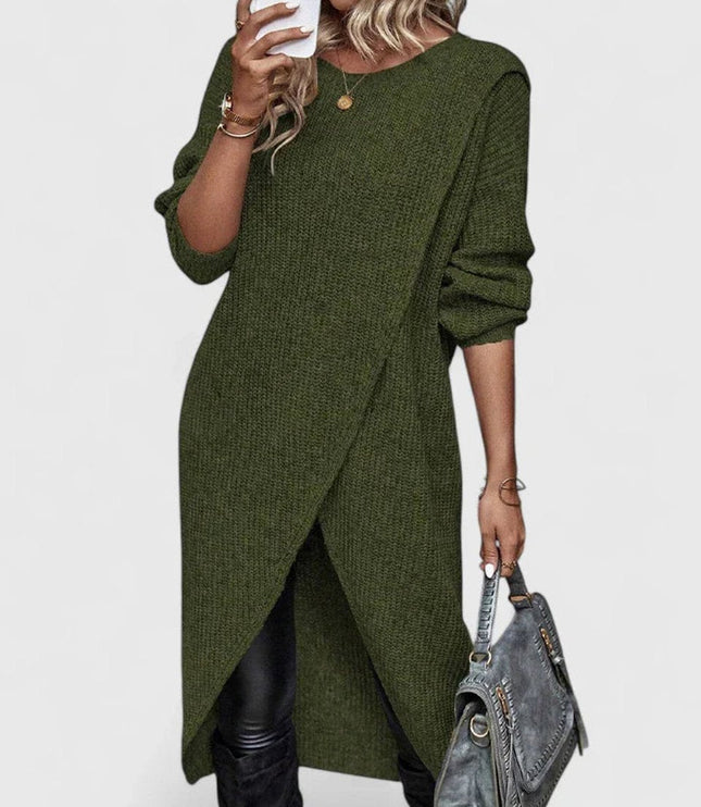 Women's Long-Sleeve Asymmetric Hem Knit Sweater Dress - Green