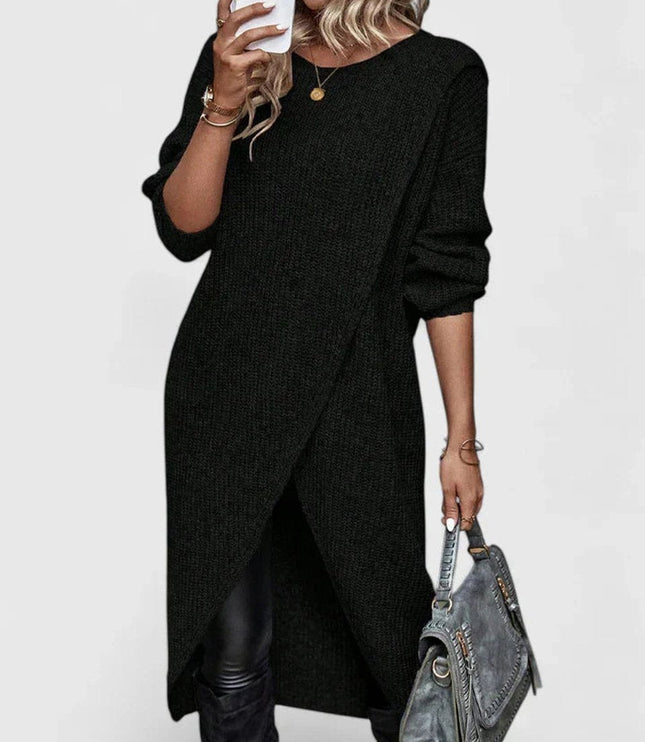 Women's Long-Sleeve Asymmetric Hem Knit Sweater Dress - Black