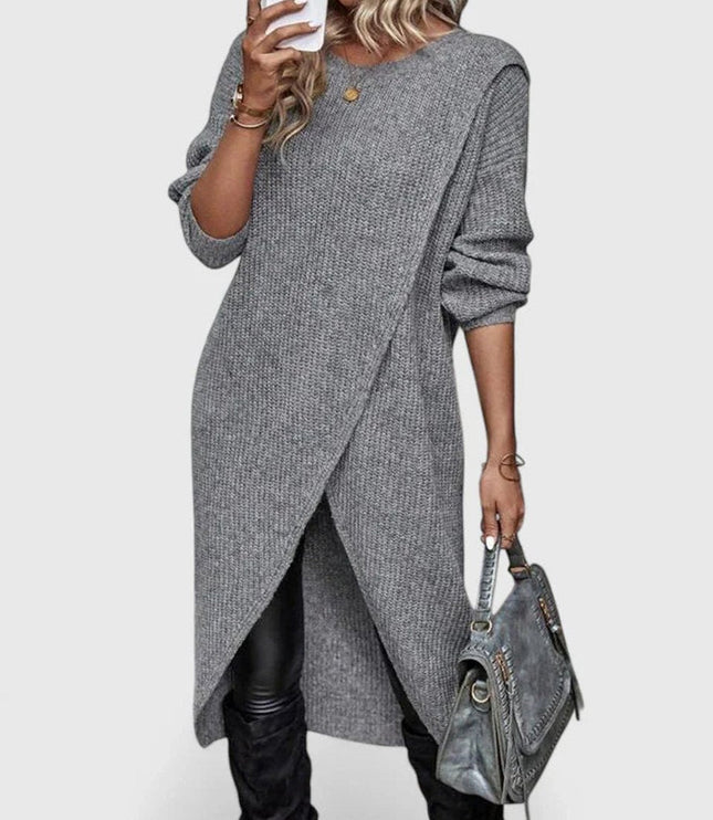 Women's Long-Sleeve Asymmetric Hem Knit Sweater Dress - Gray