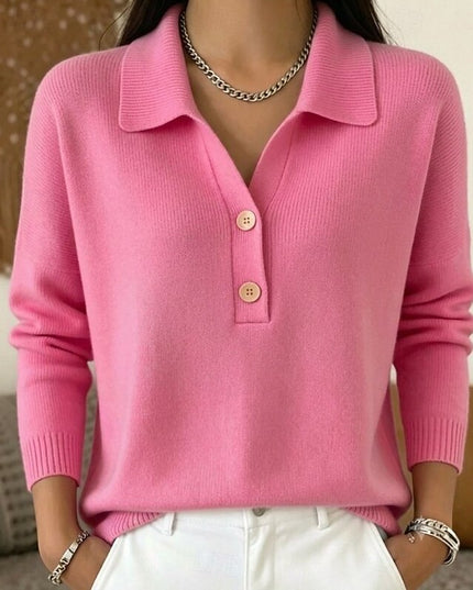 Women's Long Sleeve Knit Top with Polo Collar and Buttons