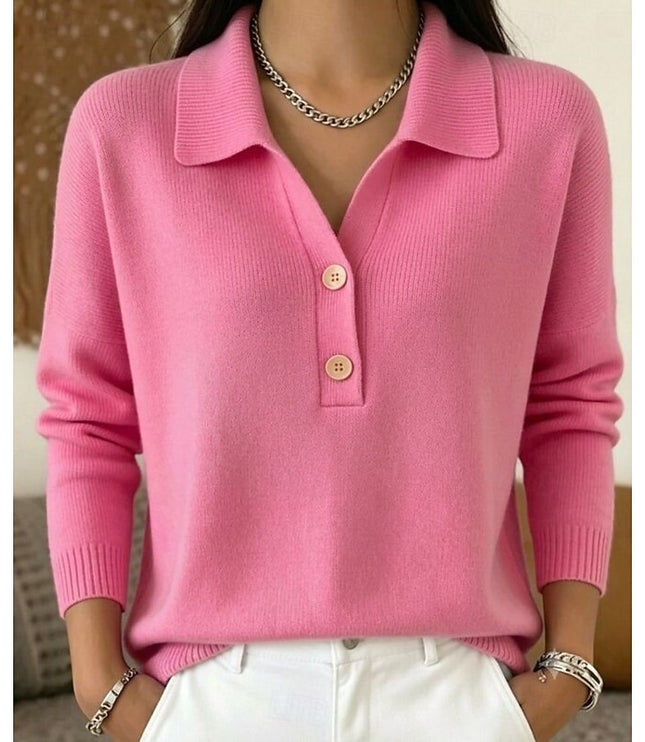 Women's Long Sleeve Knit Top with Polo Collar and Buttons