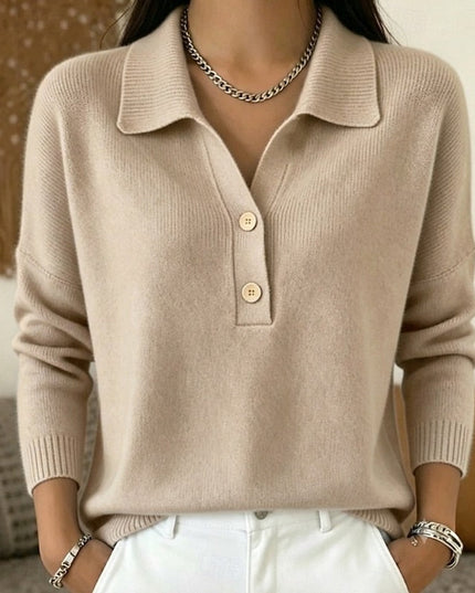 Women's Long Sleeve Knit Top with Polo Collar and Buttons