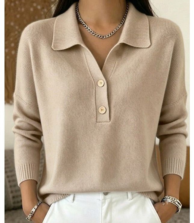 Women's Long Sleeve Knit Top with Polo Collar and Buttons