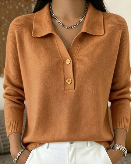 Women's Long Sleeve Knit Top with Polo Collar and Buttons