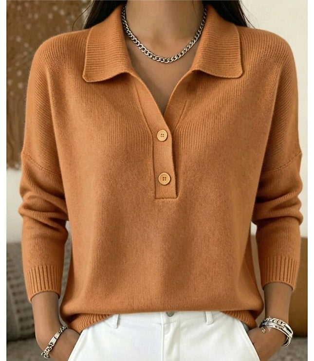 Women's Long Sleeve Knit Top with Polo Collar and Buttons