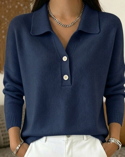 Women's Long Sleeve Knit Top with Polo Collar and Buttons