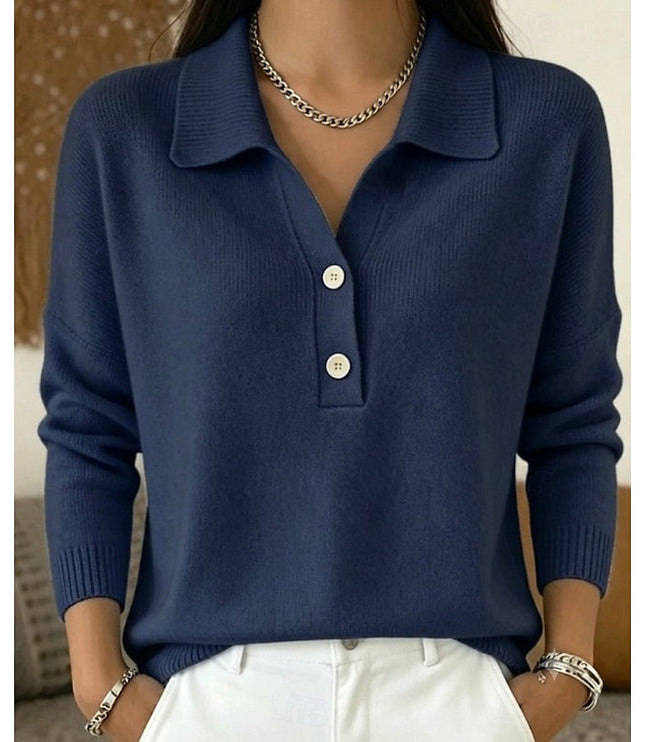 Women's Long Sleeve Knit Top with Polo Collar and Buttons