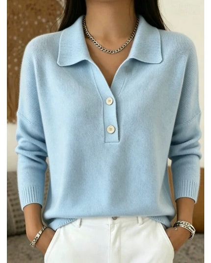 Women's Long Sleeve Knit Top with Polo Collar and Buttons