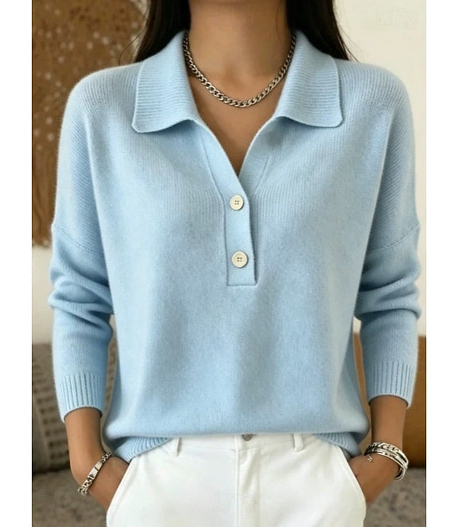 Women's Long Sleeve Knit Top with Polo Collar and Buttons