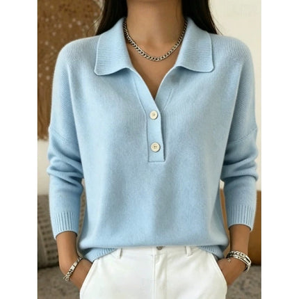 Women's Long Sleeve Knit Top with Polo Collar and Buttons