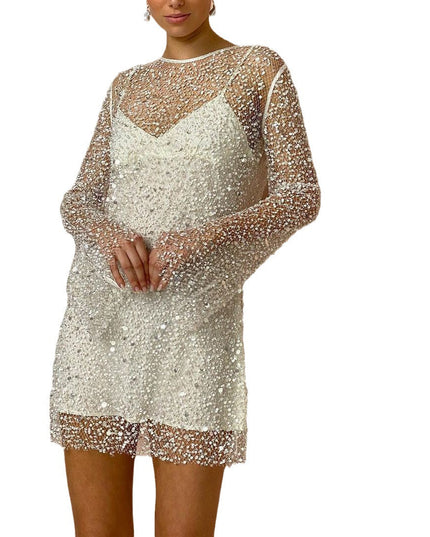 Women's Long Sleeve Sequin Party Dress with Sheer Mesh Overlay