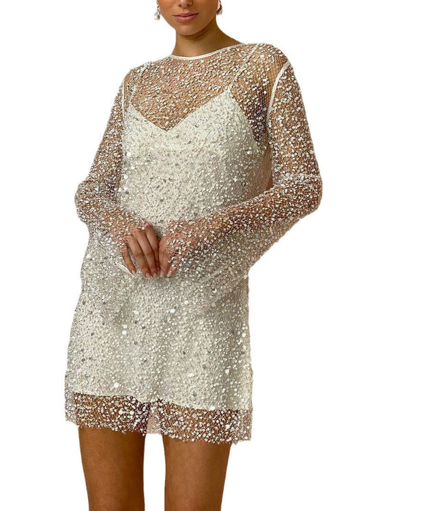 Women's Long Sleeve Sequin Party Dress with Sheer Mesh Overlay