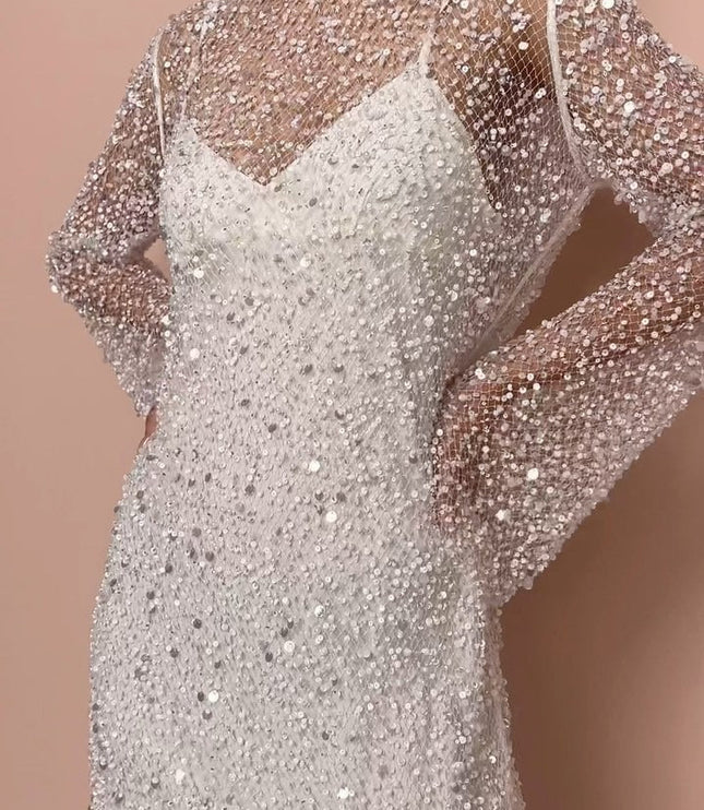 Women's Long Sleeve Sequin Party Dress with Sheer Mesh Overlay