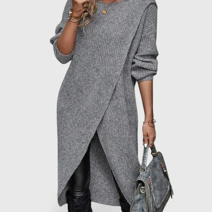 Darina | Women's Knit Sweater Dress with Wrap Hem - Grey - Image 1