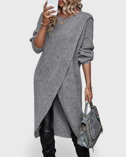 Darina | Women's Knit Sweater Dress with Wrap Hem - Grey - Image 1