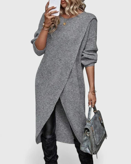 Darina | Women's Knit Sweater Dress with Wrap Hem - Grey - Image 1
