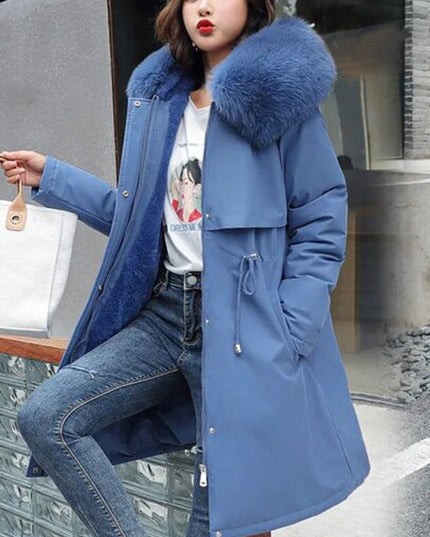 Wollmantel Damen Langer Parka Kapuze Kunstpelzkragen Wintermantel - Blau