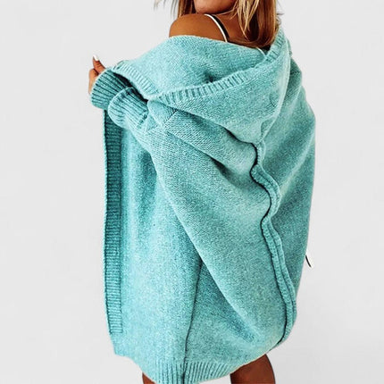 Women's Oversized Hooded Open-Front Knit Cardigan - Blue