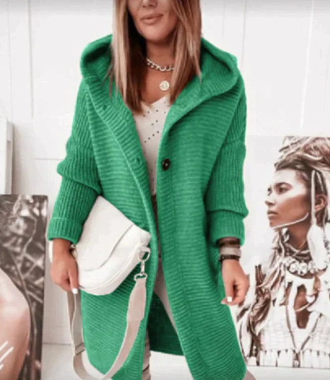 Strickjacke Damen Lang Warm Kapuze Knopfleiste Oversized