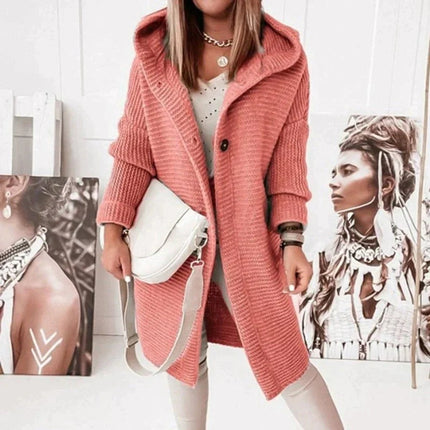 Strickjacke Damen Lang Warm Kapuze Knopfleiste Oversized - Rot