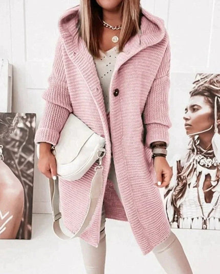 Strickjacke Damen Lang Warm Kapuze Knopfleiste Oversized - Rosa