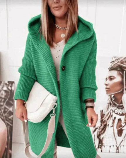 Strickjacke Damen Lang Warm Kapuze Knopfleiste Oversized - Grün