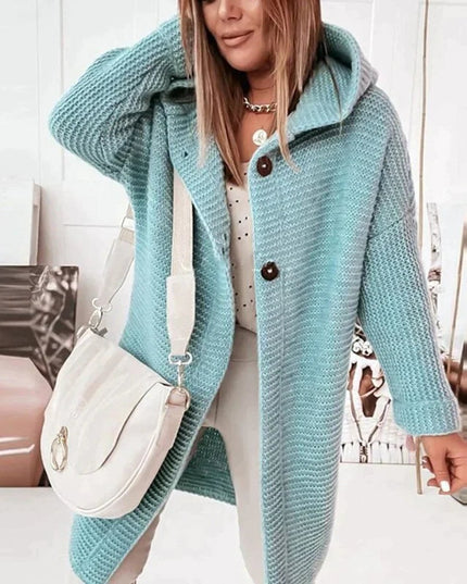 Strickjacke Damen Lang Warm Kapuze Knopfleiste Oversized - Blau
