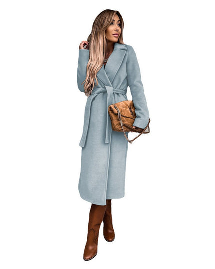 Trenchcoat Damen Eleganter Langer Wollmantel mit Bindegürtel - Himmelblau