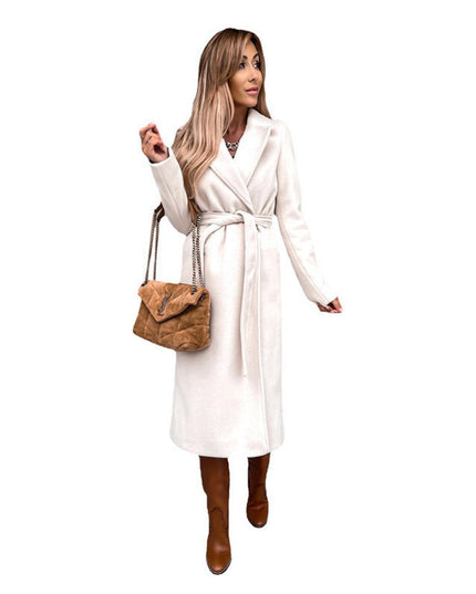 Trenchcoat Damen Eleganter Langer Wollmantel mit Bindegürtel