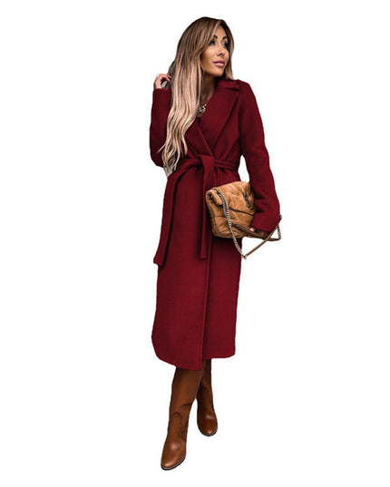 Trenchcoat Damen Eleganter Langer Wollmantel mit Bindegürtel