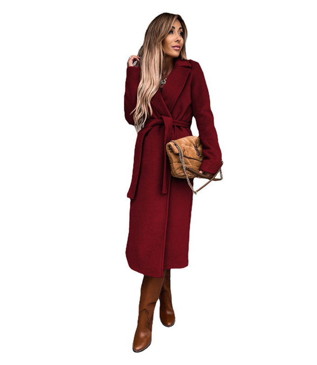 Trenchcoat Damen Eleganter Langer Wollmantel mit Bindegürtel - Rot