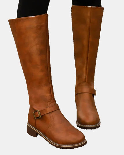Women's Tall Riding Knee High Boots Buckle Strap Low Heel