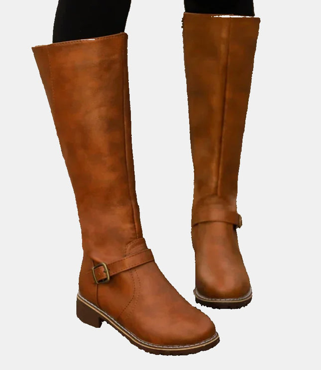 Women's Tall Riding Knee High Boots Buckle Strap Low Heel