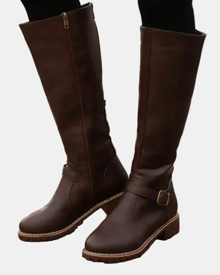 Women's Tall Riding Knee High Boots Buckle Strap Low Heel