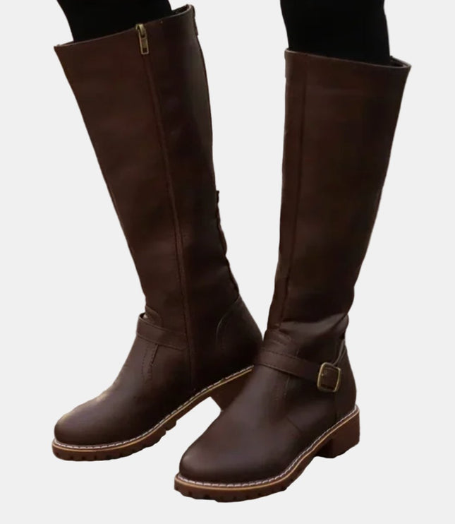 Women's Tall Riding Knee High Boots Buckle Strap Low Heel