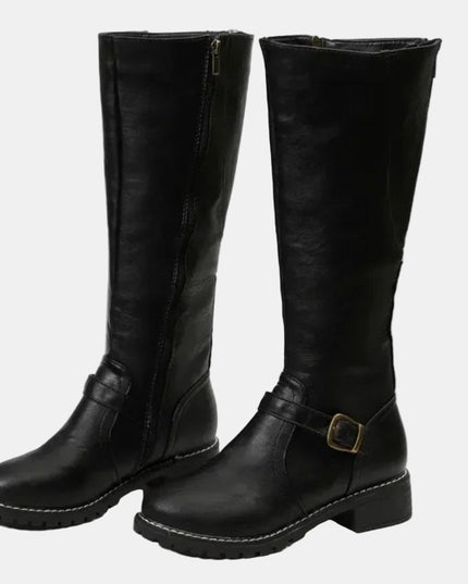 Women's Tall Riding Knee High Boots Buckle Strap Low Heel - Black