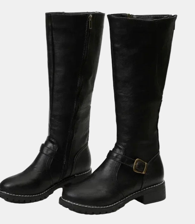 Women's Tall Riding Knee High Boots Buckle Strap Low Heel - Black