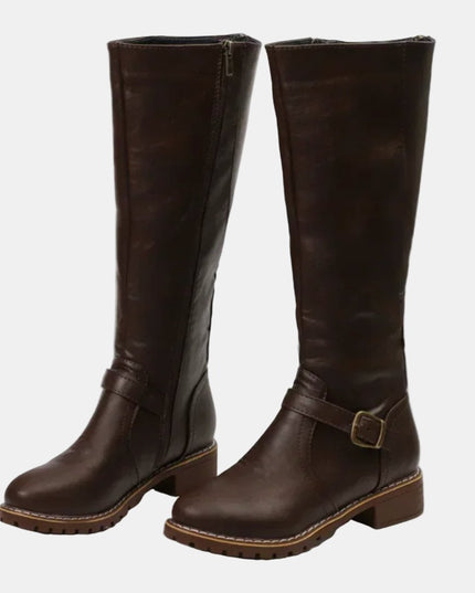 Women's Tall Riding Knee High Boots Buckle Strap Low Heel