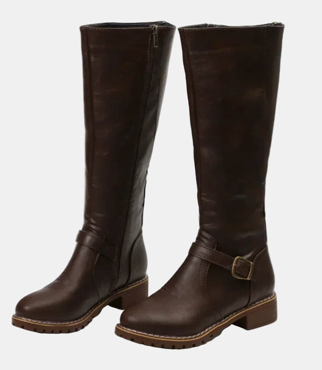 Women's Tall Riding Knee High Boots Buckle Strap Low Heel