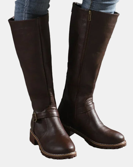 Women's Tall Riding Knee High Boots Buckle Strap Low Heel - Dark Brown