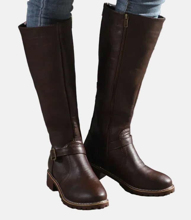 Women's Tall Riding Knee High Boots Buckle Strap Low Heel - Dark Brown