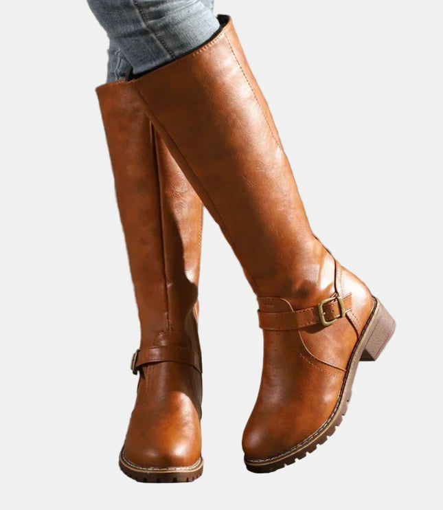 Women's Tall Riding Knee High Boots Buckle Strap Low Heel - Brown