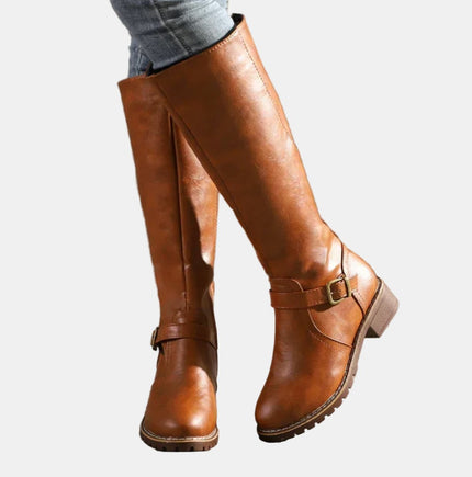 Women's Tall Riding Knee High Boots Buckle Strap Low Heel - Brown
