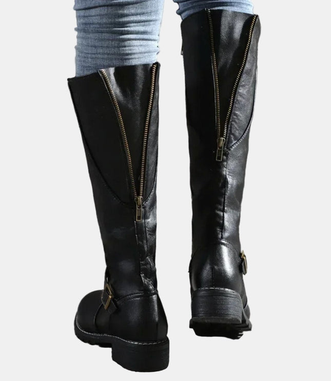 Women's Tall Riding Knee High Boots Buckle Strap Low Heel