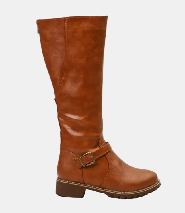 Women's Tall Riding Knee High Boots Buckle Strap Low Heel