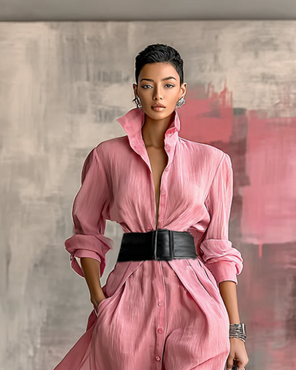Women's Maxi Dress with Lapel Collar and Waist Belt