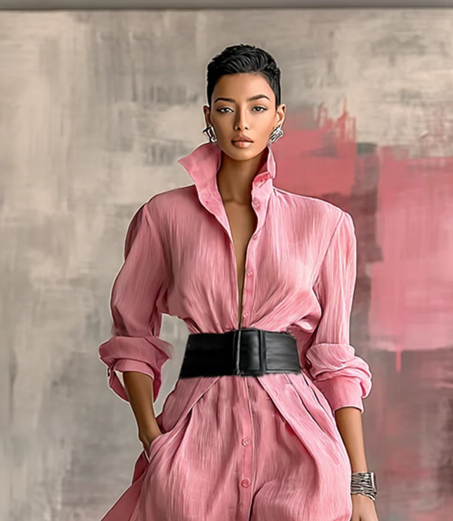 Women's Maxi Dress with Lapel Collar and Waist Belt