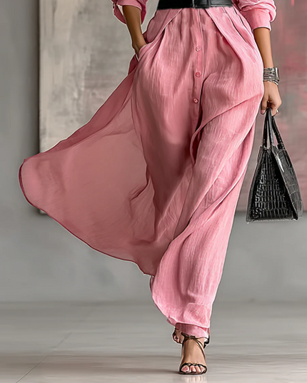 Women's Maxi Dress with Lapel Collar and Waist Belt