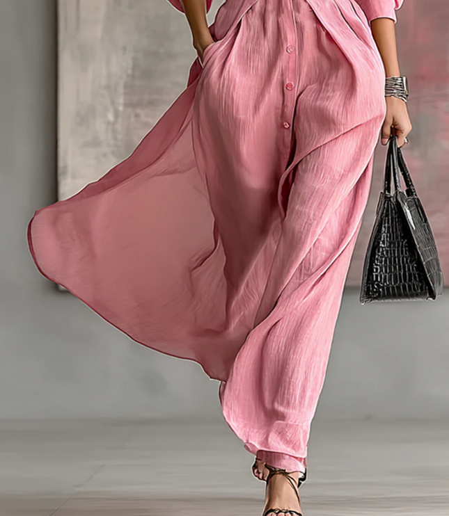 Women's Maxi Dress with Lapel Collar and Waist Belt