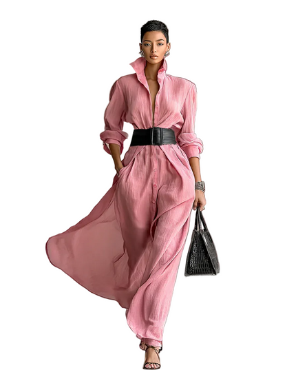 Women's Maxi Dress with Lapel Collar and Waist Belt